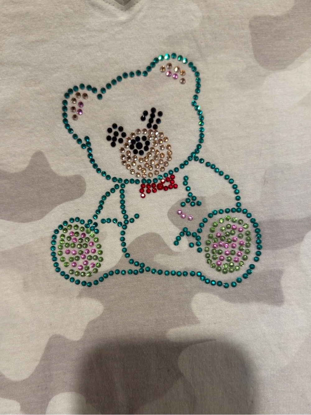 Rhinestone bear Camo V-Neck Top - White & Light Gray. Handmade.